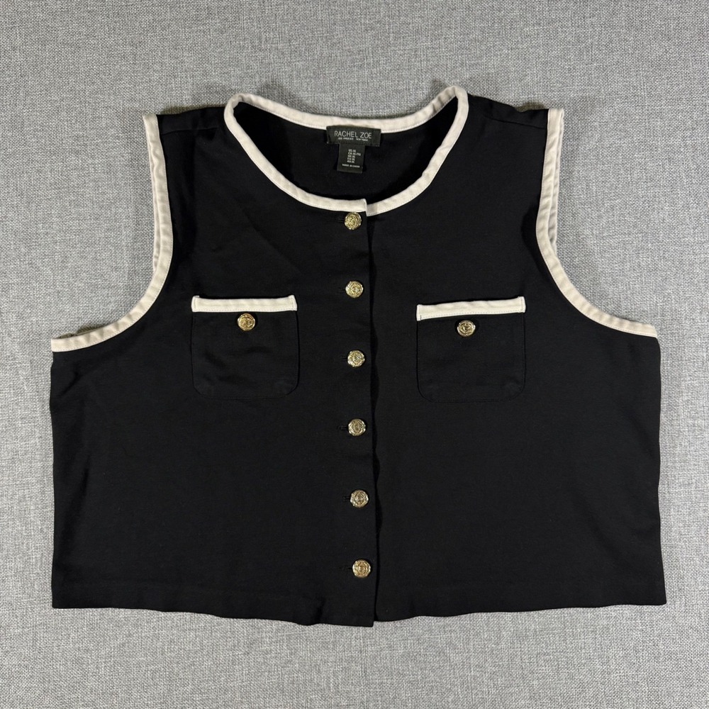Rachel Zoe Button Front Vest Women XL Black Gold Button Old Money Preppy Chic
